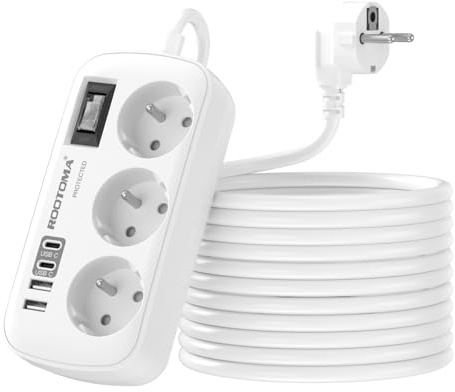 Rallonge Electrique 5M avec 4 USB(2 USB-C), Multiprise 3 Prises avec Interrupteur, Multiprise Parafoudre Fixation Murale pour Maison Bureau, Blanc 16A/4000W
