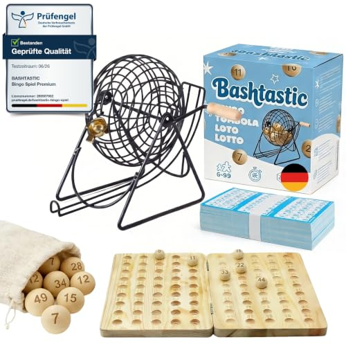 Bashtastic Bingo Juego de Mesa Adulto - Bingo con 102 Cartones Bingo Troquelados para Toda la Familia | 90 Bolas y Tablero de Madera con números Grabados en Laser y Bombo Metálico.