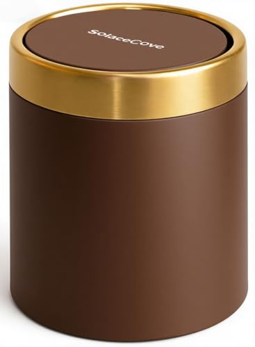 SolaceCove Countertop Trash Can with Lid for Desk Top,0.4 Gallon Stainless Steel Mini Trash Can for Desk、Car、Office、Kitchen,1.5L Swing Top Trash Bin with a Roll of Trash Bag(Brown)
