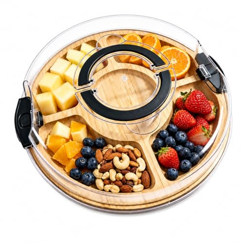 Serveringsfat med lock, bambu serveringsbräda och ostbräda med lock för mellanmål och antipasti, bärbar serveringsfat rund för picknick, karaokebräda, 30 x 30 x 6,5 cm