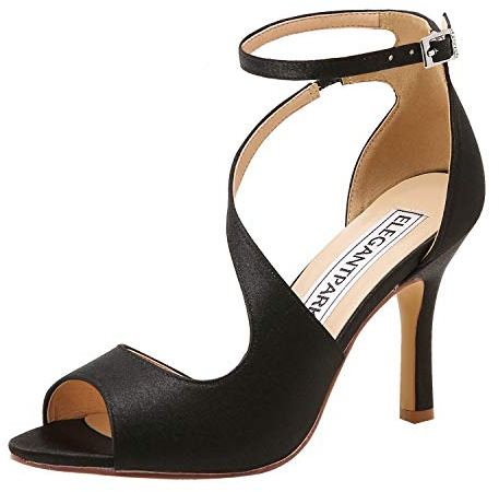 ELEGANTPARK HP1565 Black Heels for Women Peep Toe Wedding Sandals Ankle Strap High Heel Shoes Satin Bridal Prom Evening Party Dress Sandals Summer US 9