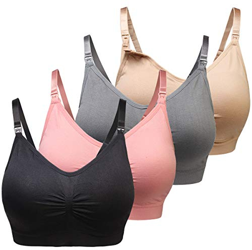 wealsex Women 1-4 Pack Maternity Breastfeeding Bras Wireless Breathable Nursing Bras Padded Anti-Sagging Sleep Bralette Large Size Bra (Black+Beige+Pink+Grey,4XL)