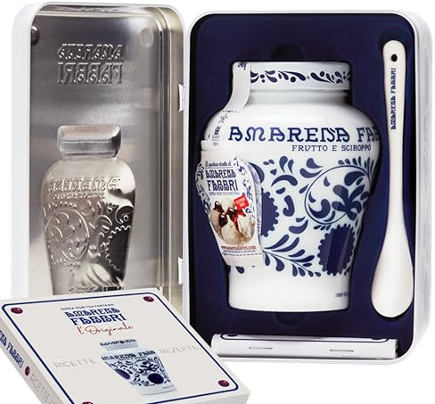 Fabbri 1905 - Cofanetto Regalo in latta | Vaso Amarena Fabbri 600g + Cucchiaino di ceramica decorata + Libro di ricette