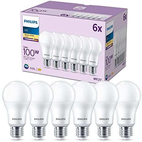 Philips LED E27 Lampen 6-er Pack (100 W), matte LED Lampen mit warmweißem Licht, energiesparende LED Beleuchtung mit langer Nutzlebensdauer