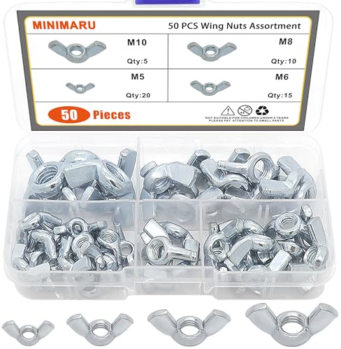 50PCS Butterfly Wing Nuts Assortment Kit, M5 M6 M8 M10 Metric Sizes Steel Wing Nuts Fasteners