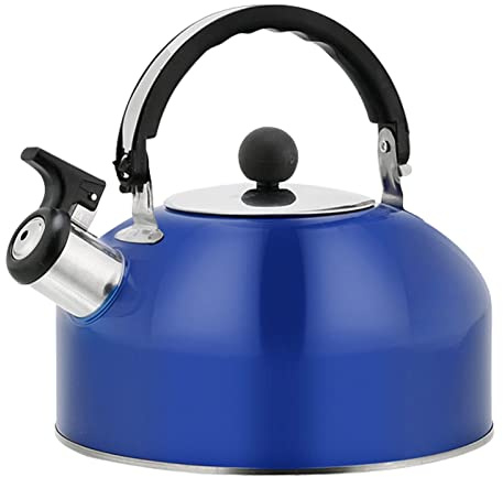 Bollitore da tè, 1,8 l, in acciaio inox, blu scuro, con manico ergonomico, bollitore a fischio, bollitore a fischio, per stufa a legna, pentola leggera, fornello, ristorante