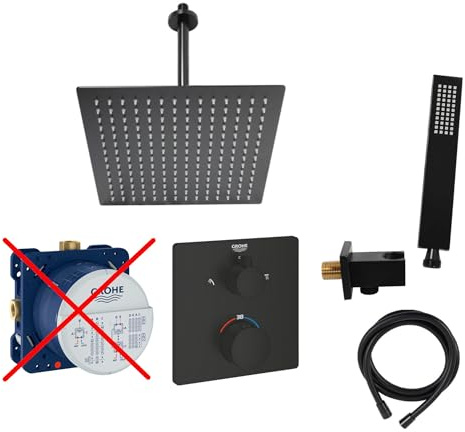 vanvilla Duschsystem mit Unterputz Duscharmatur von Grohe Grohtherm Thermostat und vanvilla Regendusche mit Armatur, Duschkopf, Dusch-SET GS06-ob schwarz matt