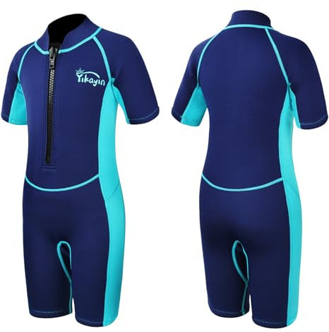 Yikayin Neoprenanzug Kinder Kurz, 2mm Premium CR Nassanzug Shorty Jungen Mädchen, Thermo UV Neopren Schwimmanzug Frontreißverschluss zum Schwimmkurs, Tauchen, Surfen, Schnorcheln, SUP - Blau L