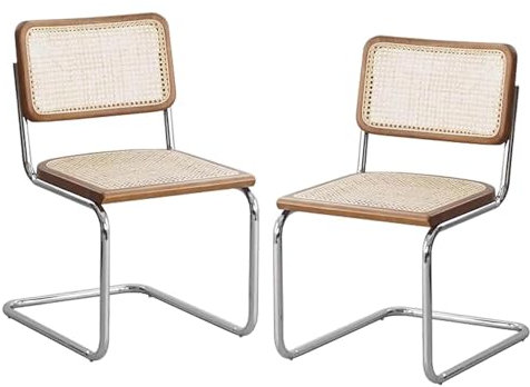 Stühle Mahlzeit Rattan-Esszimmerstühle, 2er-Set, Küchen-Seitenstühle ohne Armlehnen mit Metallbeinen, moderne Esszimmerstühle mit natürlicher Rattan-Geflecht-Rückenlehne und gepolsterter Sitzfläche, B