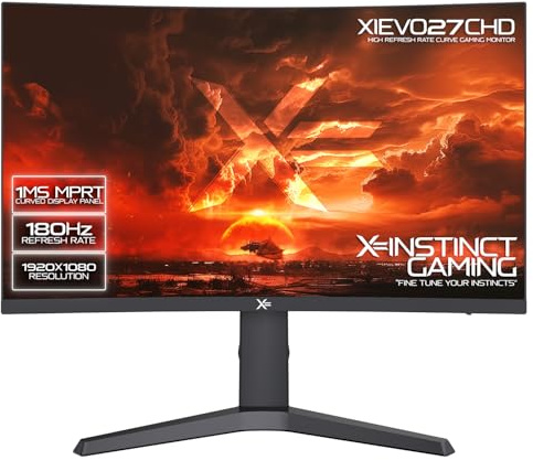 𝗫= 27 Inch Gaming Monitor • Curved 1080p • 180Hz • 1ms • VA FHD • G-Sync/FreeSync • HDMI, DisplayPort • Tilt Adjust • Vesa • (XIEVO27CHD | Black)