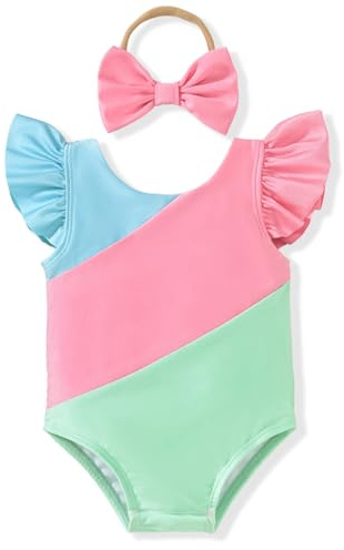 HIHA 3-4T Toddler Swimsuit Girl Color Block One Piece Bathing Suits Toddler Ruffle Swimsuit Girl Swimwear Blue Size 4