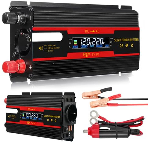 Inversor solar CC 12 V/24 V a CA 230 V, onda sinusoidal modificada, 700 W/2000 W, enchufes europeos, 2 adaptadores USB vehicular
