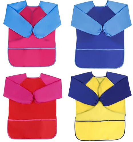 UptVin Malschürze Kinder, 4er Set Malkittel Kinder für Jungen und Mädchen Wasserdichte Bastelschürze Malerkittel mit Langen Ärmeln für Alter 3-8 Jahre, mit 3 Praktischen Taschen