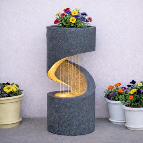 Festive Lights – 61.5cm Garden Water Feature, Slate Stone Effect Outdoor Fountain with Planter, Solar, USB & Mains Powered, Polyresin, LED Light, Timer, IP44, External Panel
