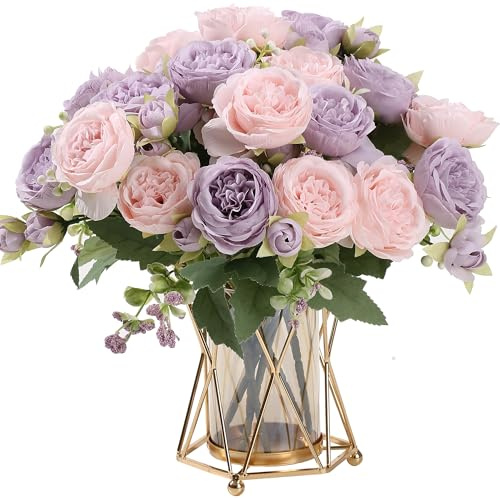 HNVNER 2 Bunches Fake Peonies Artificial Flowers, Silk Peony Bouquet for Home Wedding Party Decoration, Pink-Purple
