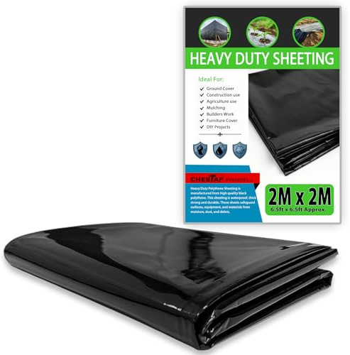 CHESTAF 2M X 2M Black Plastic Sheeting Heavy Duty, 360G Thick Polythene Sheeting Garden Grow, Dust Sheet Waterproof Outdoor Cover, Large Construction Gardening Insulation, Building Rubble Protection