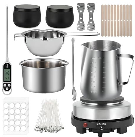 Meltro di Cera Elettrica, Kit per la Produzione di Candele con Melting Pot di Cera, Piastra Calda, Cucchiaio Mescolando, Cuscinetto Anti-calo, Termometro per Adulti Principianti, Pentola per