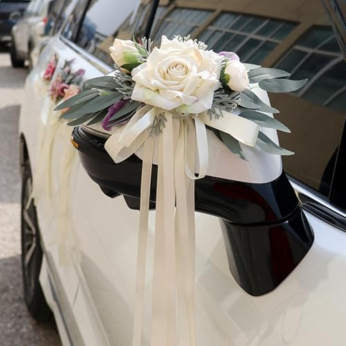 LIMEOW 2 Piezas Decoracion Coche Boda, Adornos Coche Boda, Decoracion Boda Artículos Decorativos para Espejos Retrovisores de Automóviles, Coches de Boda, Fiestas de Cumpleaños, Etc (Blancos)