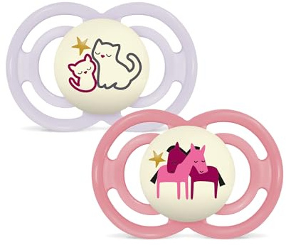 MAM Perfect Night Schnuller | 6-16 Monate | leuchtende Babyschnuller | 94% Akzeptanz | von Experten empfohlen | beugt Zahnfehlstellungen vor | SkinSoft Silikon | Katzen/Pferde | 2 Stück