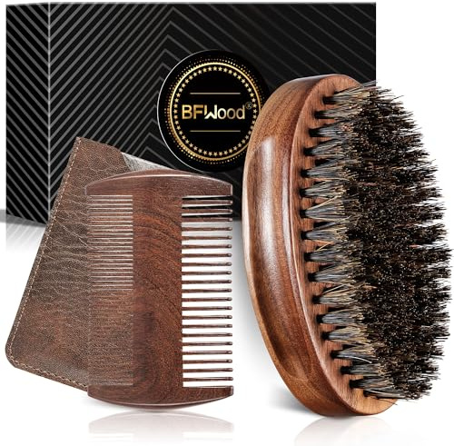 BFWood 3PC Bartbürste aus Wildschweinborsten Kammset, Schwarzholz-Walnuss-Stil, Herren-Schnurrbartbürste aus Holz