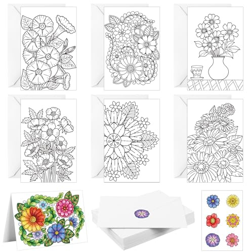 Gueevin 24 Pcs Flower Coloring Greeting Cards with Envelopes and Stickers Floral Color Your Own Postcards 4 x 6 Flower Thank You Note Cards for Adults Wedding Birthday Gifting DIY Crafts Mailing
