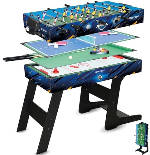 DEVESSPORT Multijuego Plegable 4 en 1 Sport Arena | Futbolín, Billar, Air Hockey y Ping Pong | Mesa de Juegos Multijuegos Plegable con Accesorios Incluidos
