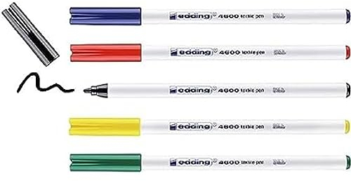 edding 4600 Textilstift - schwarz, rot, blau, grün, gelb - 5 Stück - Rundspitze 1 mm - Textilstifte waschmaschinenfest (60 °C) zum Stoff bemalen - Stoffmalstift