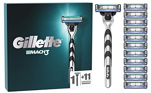 Gillette Mach3 Men's Razor + 12 Razor Blade Refills, Stronger Than Steel Blades, 3D Motion Handle, Enhanced Lubrastrip