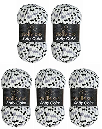 Wollbiene Softy Color 5 x 100 Gramm Chenillewolle Strickwolle, Babywolle, 500 Gramm Wolle Super Bulky (schwarz-grau-weiß 115)