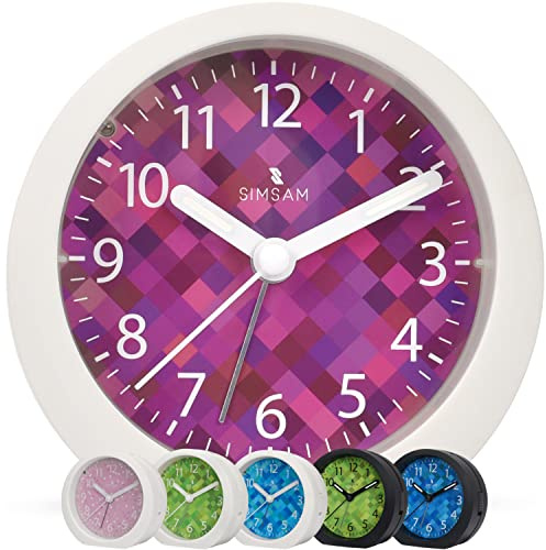 SIMSAM Despertador infantil niña sin tic tac, despertador infantil para niñas, despertador analógico para niños con 24 melodías, batería, snooze (blanco y morado)