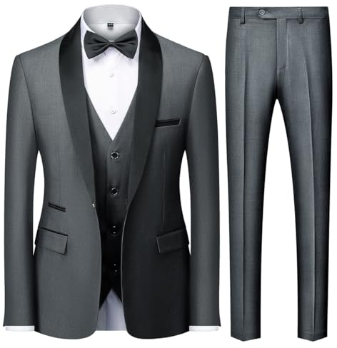 KUDMOL Herren 3 Stücke Anzug Slim Fit EIN Knopf Schal Revers für Hochzeit Prom Blazer Weste Hosen Set(Grau,XL)
