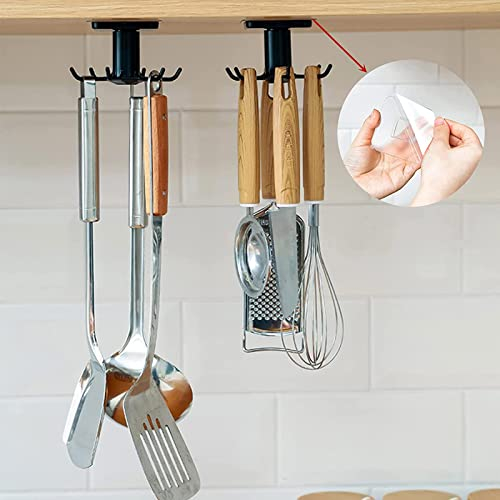 Ksvaye 2 Stück 360° Drehbar Hakenleiste für Küchenutensilien Aufhängung Hängeleiste Küche mit 6 Haken Küchenhaken ohne Bohren Küchenhelfer Aufbewahrung für Küche Bad Garderobe (Schwarz)