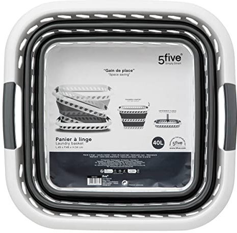 5 five simply smart 5five - Cesto portabiancheria Pieghevole da 40 Litri - 2 comode Maniglie - Cesto portabiancheria Retrattile - Grande capacità - Grigio e Bianco