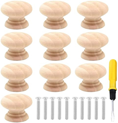Leonshco 10 stycken möbelknoppar i trä, lådhandtag, skåpknappar med skruvmejsel, runda träknappar, knopp för skåp, träknappar för möbler, 33 x 25 mm, lätt att montera/greppa