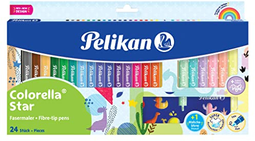 Pelikan Fasermaler Colorella® Star C302, 24 Farben: 18 kräftige + 6 zarte Pastell-Töne, mit Ausmalschablone, 822336