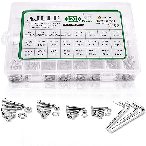 AJUER 1200pcs M2/M2.5/M3/M4 hex Socket Head Cap Screws Bolts Nuts Washers Assortment Kit, 304 Stainless Steel Metric Screw Set, Small Bolts and Nuts Kit