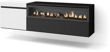 Skraut Home | Mobile TV Soggiorno | Ampio spazio a disposizione | 150x45x35cm | Per TV fino a 65 | Camino elettrico | Sospeso, da appendere | Stile moderno | Bianco e nero