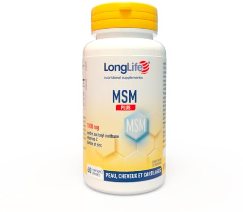 LongLife® MSM Plus | MSM avec vitamine C, biotine et zinc | Complément pour cheveux, ongles et peau | 1000 mg OptiMSM® par comprimé | Haute concentration | Jusqu’à 2 mois de traitement | Sans gluten