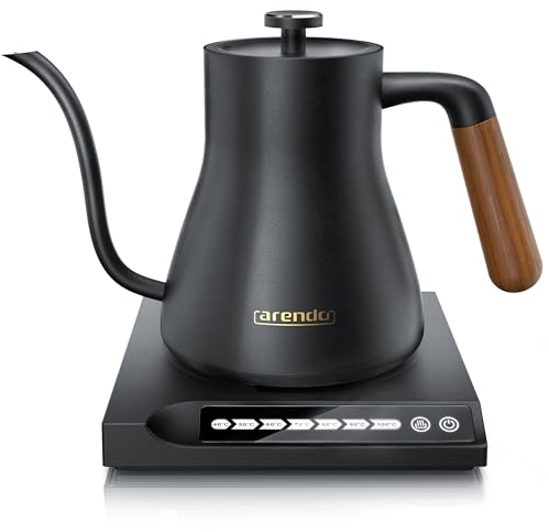 Arendo - Edelstahl Wasserkocher mit Temperatureinstellung - Griff aus Echt Holz - Temperaturauswahl 40° bis 100° - Warmhaltefunktion 30 Minuten – 0,6 Liter – Design Schwarz