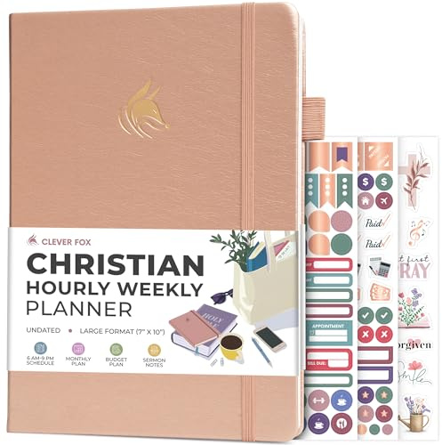 Clever Fox Christian Hourly Weekly Planner – Goal Setting Planner with Time Slots, Monthly Budget, Sermon Notes, Bible Reading Tracker (Rose Gold)