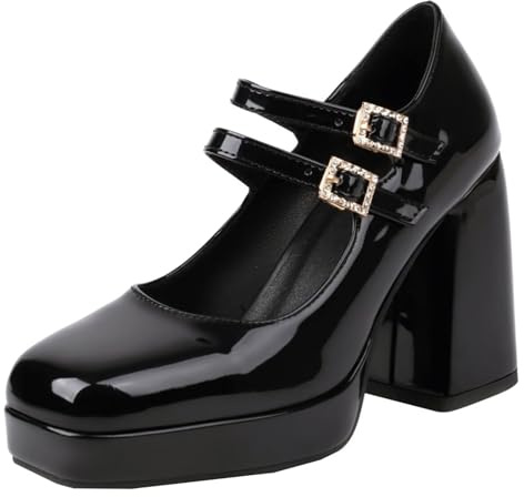 HSyc JRX Lack Mary Jane Block Heel Pumps with Platform and Buckle High Heels Women's Shoes, black, 10 UK