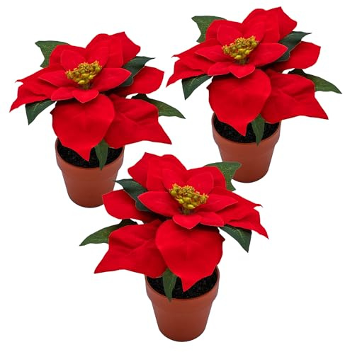 Rose de Noël artificielle dans un pot de fleurs 20 cm - Lot de 3 - Fleur de soie Poinsettia en reproduction fidèle à la nature - Plante décorative de Noël Fleur en soie Plante artificielle Fleur