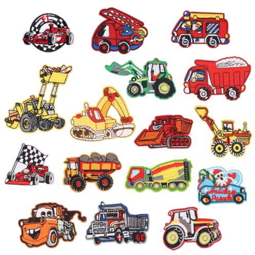 16 Stück,Bügelflicken,Bügelbilder Erwachsene,Patches zum Aufbügeln, Aufnäher Kinder, Flicken zum Aufbügeln, Bügelbilder für Textilien,Diamond Iron On Patches (Engineering Fahrzeugbagger 2)