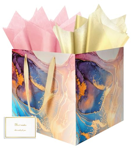 HONTIUS 1 Piezas Bolsas de Regalo Extragrandes，11.9 Cuadrado Bolsa Regalo Grande con Papel de Pañuelos de Papel y Tarjetas, 30 * 30 * 30cm Mármol Gift Bags para Bodas Fiestas de Cumpleaños De Color