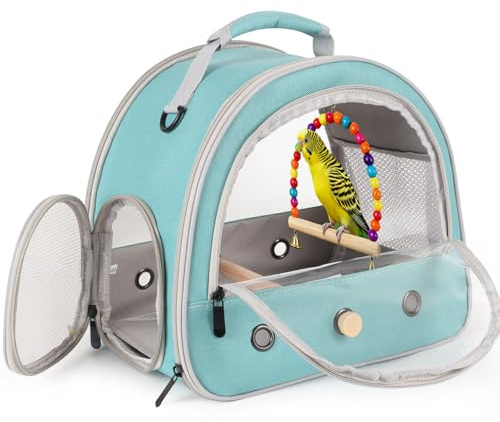 Portable Parrot Travel Cage Carrier with Small Swing Toy&Cage Colorful Toys Set Small Bird Parakeet Bag with Standing Perch Bird Carry Transport Bag (Green, Carreir/Swing)