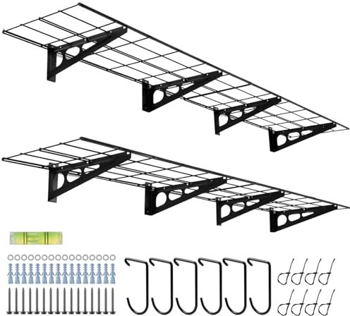 Sinoer Set di 2 mensole per garage, 1 x 6 m, con ganci, in metallo, 30,5 x 18,7 cm, per negozi, capannoni da giardino, garage