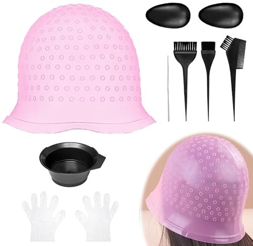 Hair Highlight Cap Kit, 1 Reusable Silicone Highlighting Cap, 1 Highlighting Kit with Brush and 2 Gloves, Easy to Use, Hair Dye Cap for DIY Highlights at Home or Salon (2)