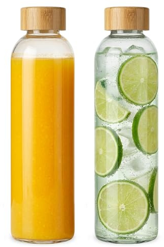 LIMILI Glass Bottles With Bamboo Lids, 2Pcs 750ML Water Bottles, Leak Proof Reusable Drinking Bottles for Hot Cold Drinks, Work, Gym, Home (750ml - 2pcs)