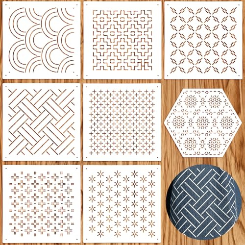 Ouligay 8 PCS Sashiko Templates 4.7 X 4.7 Inch Plastic Sashiko Stencils Kit Geometric Embroidery Stencils Drawing Line Quilting Template Stencil for Sewing Hand and Embroidery