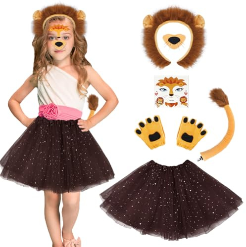 AOOWU Lejonkostym kit, 7 st djurdräkt för barn, tutu kjol, lejon öron pannband svanshandskar lejon kostym tillbehör för karneval, halloween, cosplay show, maskerad